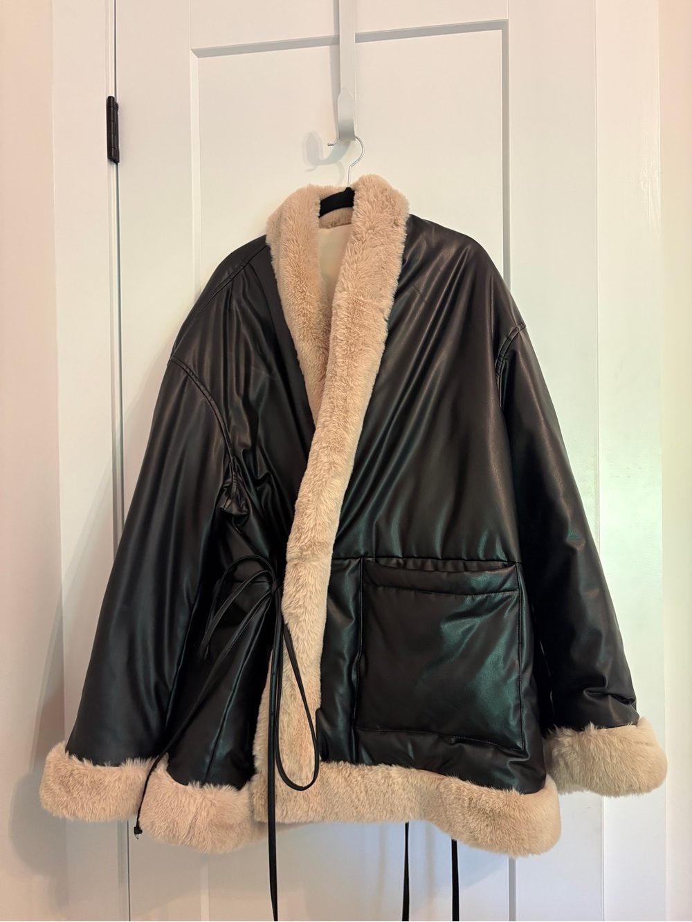 Tan Trim Black Faux-Leather Shearling Jacket